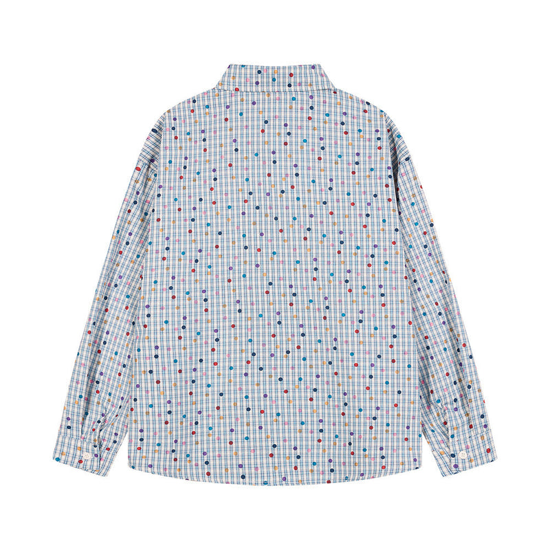 Men's Plaid Long Sleeve Shirt with Cartoon Dog Embroidery and Colorful Polka Dot