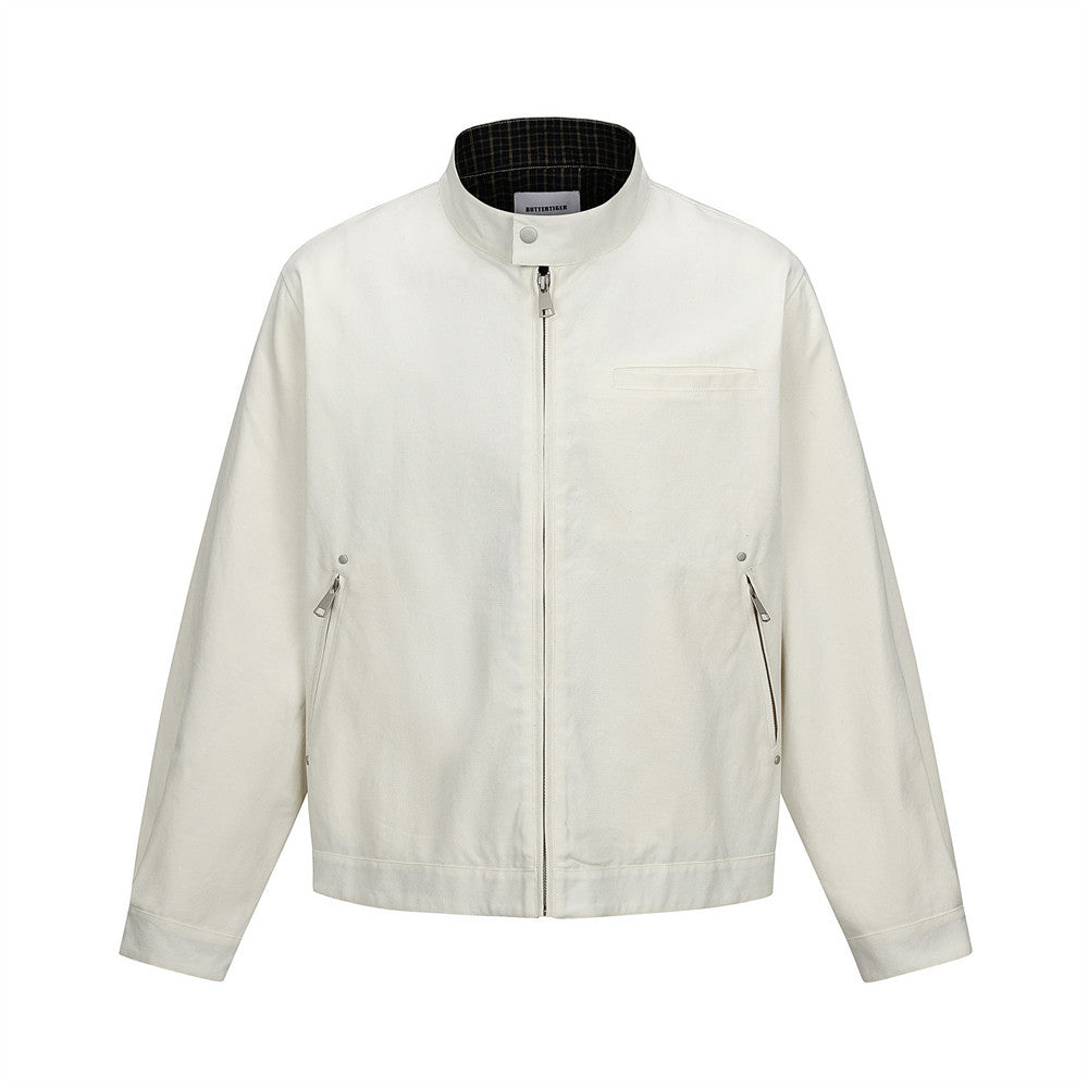 Men's Heavyweight Washed Cotton Harrington Jacket with Stand Collar & Zip