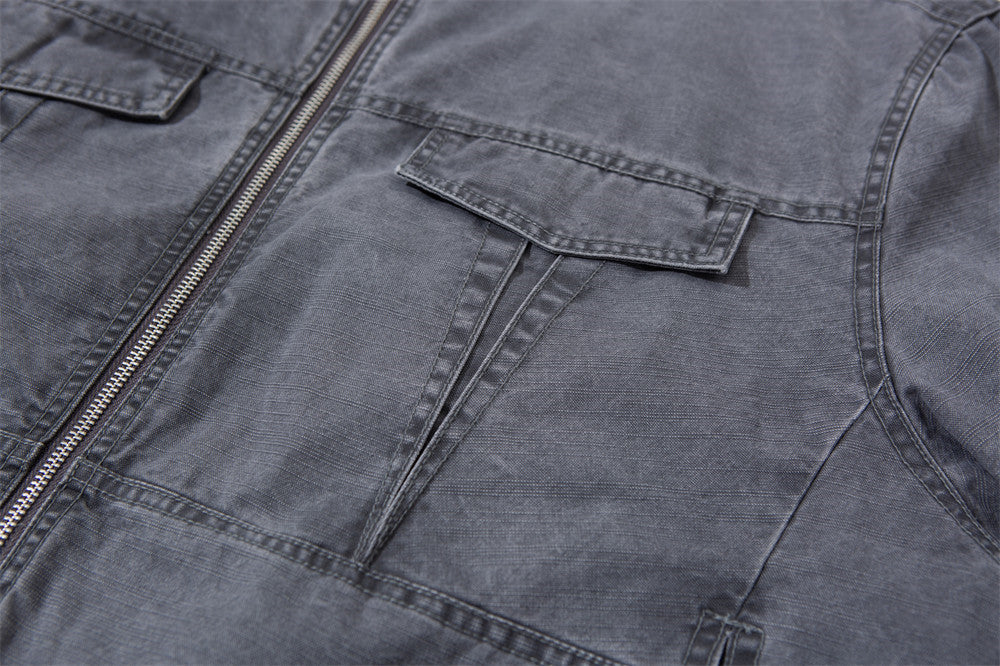 Washed Cargo Bomber Jacket – Men's Stand Collar Multi-Pocket Workwear Jacket