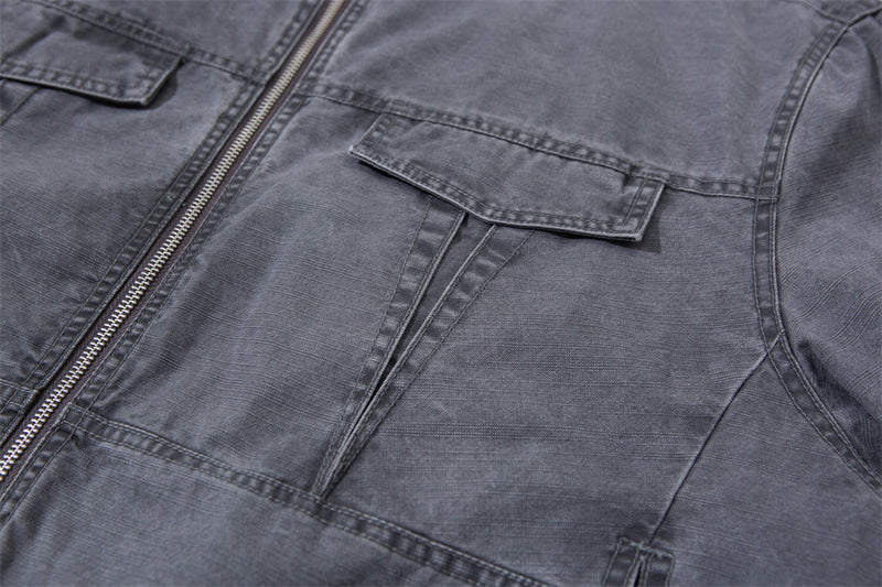 Washed Cargo Bomber Jacket – Men's Stand Collar Multi-Pocket Workwear Jacket