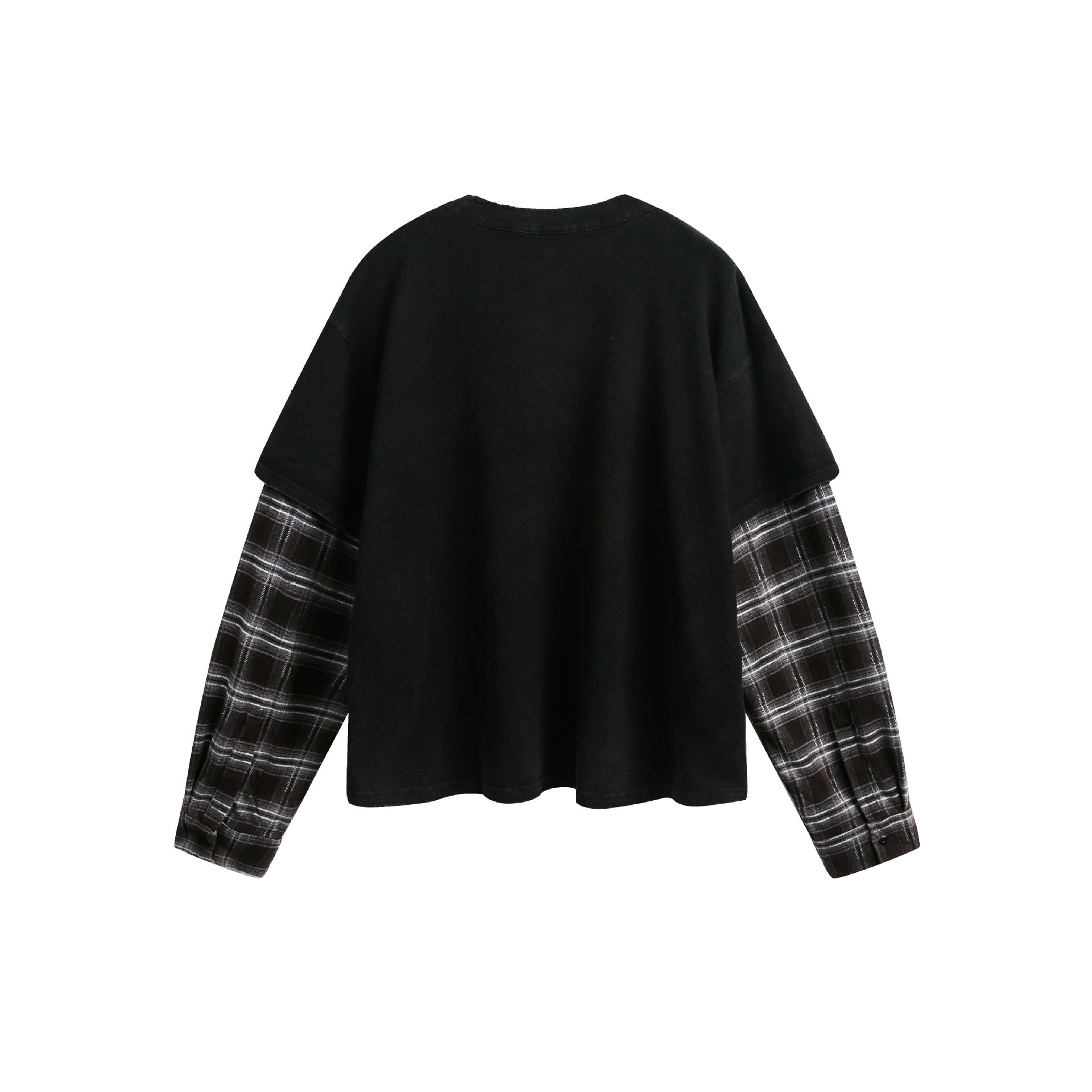 T-shirt Henley manches longues à effet superposé, à carreaux et délavé – Chemise streetwear oversize