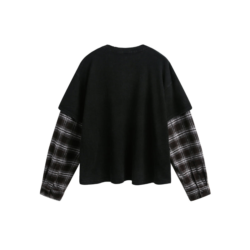 T-shirt Henley manches longues à effet superposé, à carreaux et délavé – Chemise streetwear oversize
