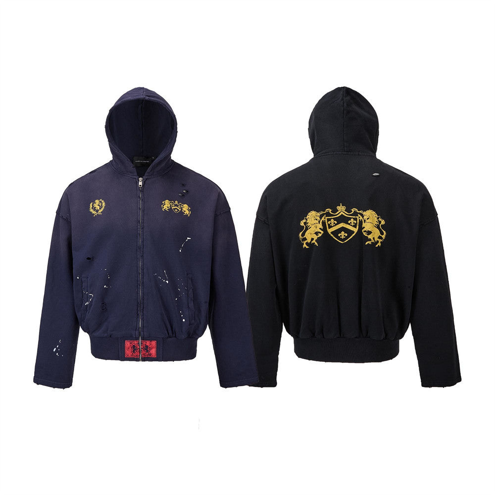 Mens oversized zip-up hoodie in black with gold heraldic lion embroidery, paint-splatter distressing, and cropped bomber silh