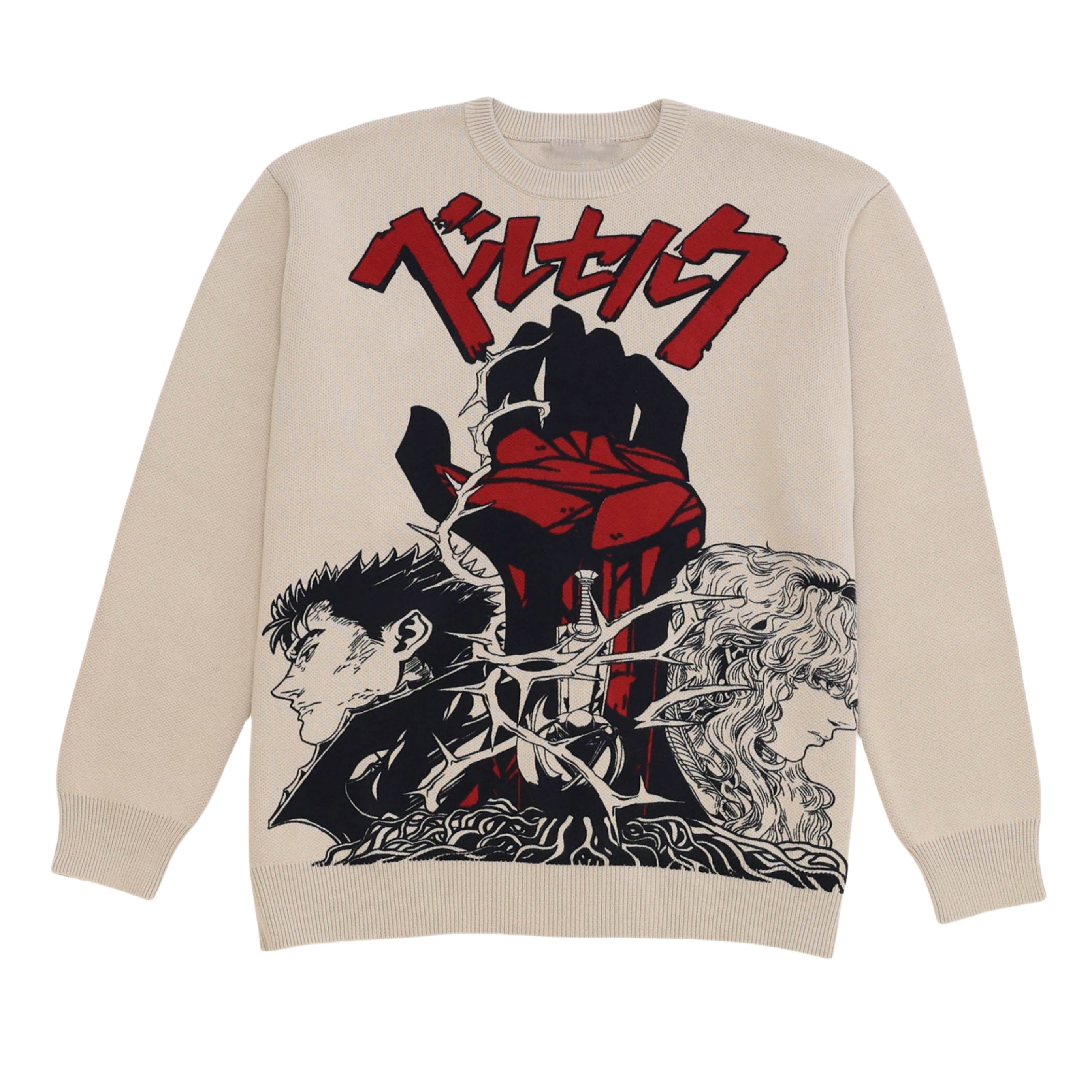 The Premium Berserk-Inspired Knit Sweater by Berserk is a beige knit featuring Guts and Griffith in a bold design. It displays red Japanese text and a striking red silhouette akin to the Brand of Sacrifice, flanked by black-and-white profiles of two characters.