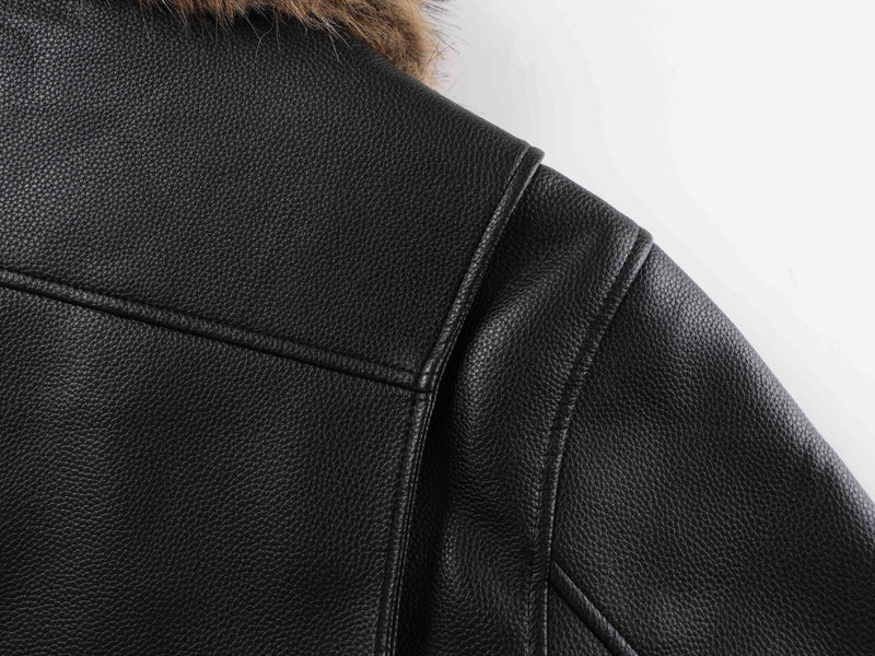 Black Leather Bomber Jacket with Fur Collar & Multi-Pocket Design