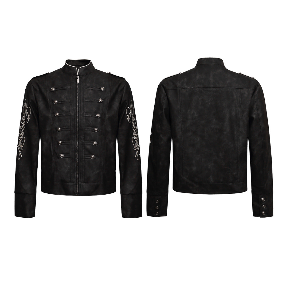 Jacke im Military-Stil aus besticktem PU-Leder – Schwarz, Used-Look und Stehkragen