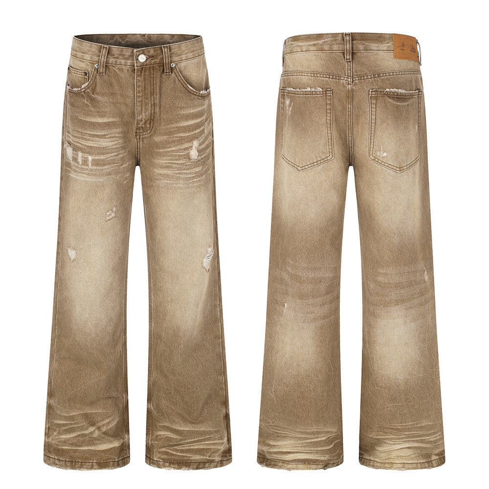 Men's distressed wide-leg flare jeans in vintage sand-washed brown denim, front and back view