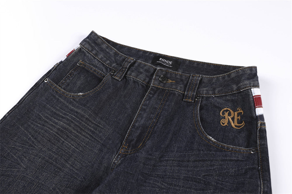 Wide-Leg Jeans with Union Jack Leather Waistband Detail