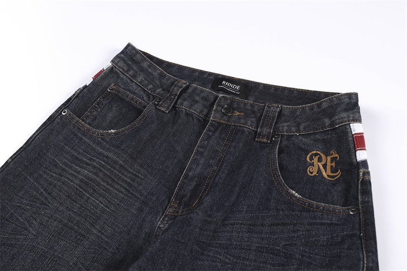 Wide-Leg Jeans with Union Jack Leather Waistband Detail