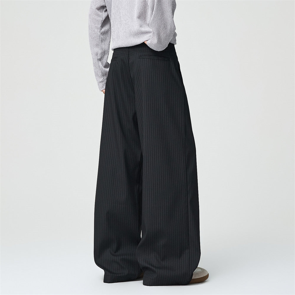 Black Pinstripe Wide-Leg Trousers – Pleated Relaxed Fit Dress Pants