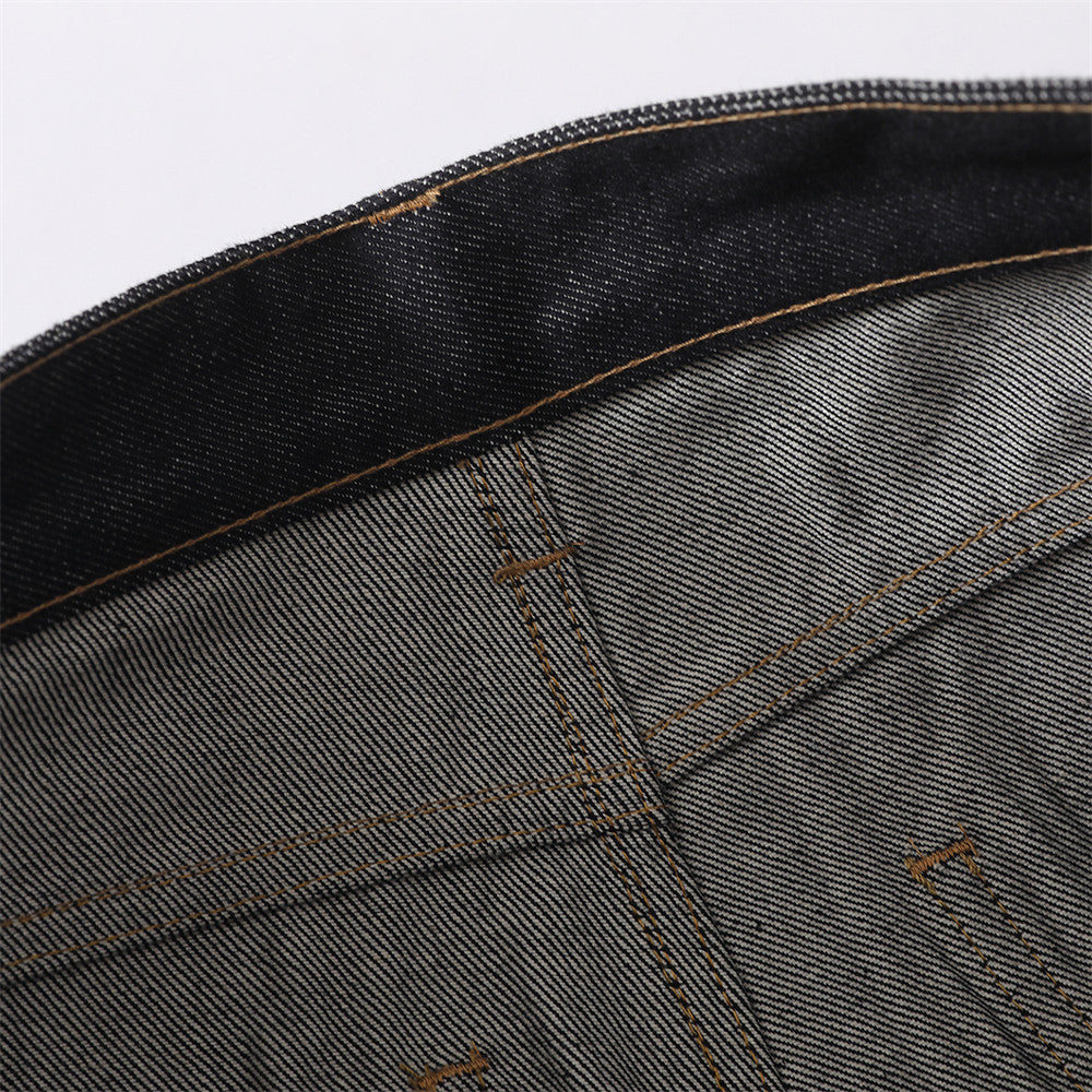 Men's Black Cargo Denim Jeans Wide-Leg Straight Fit with Large Pockets
