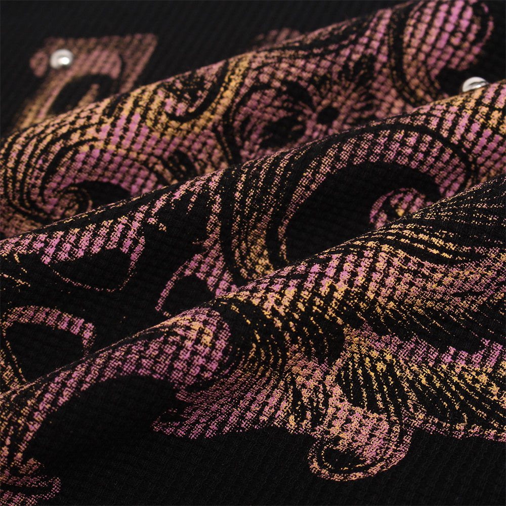 Black Graphic Long Sleeve Shirt – Dark Cross Flame Print Oversized Waffle Knit