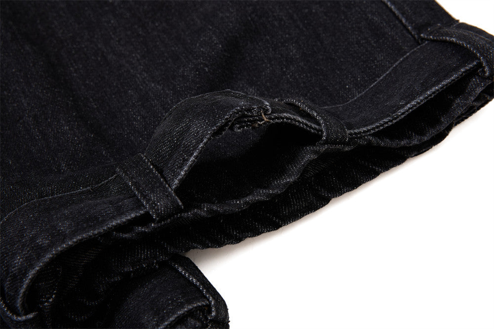 Gothic Buckle Strap Flare Jeans – Men's Washed Black Distressed Denim