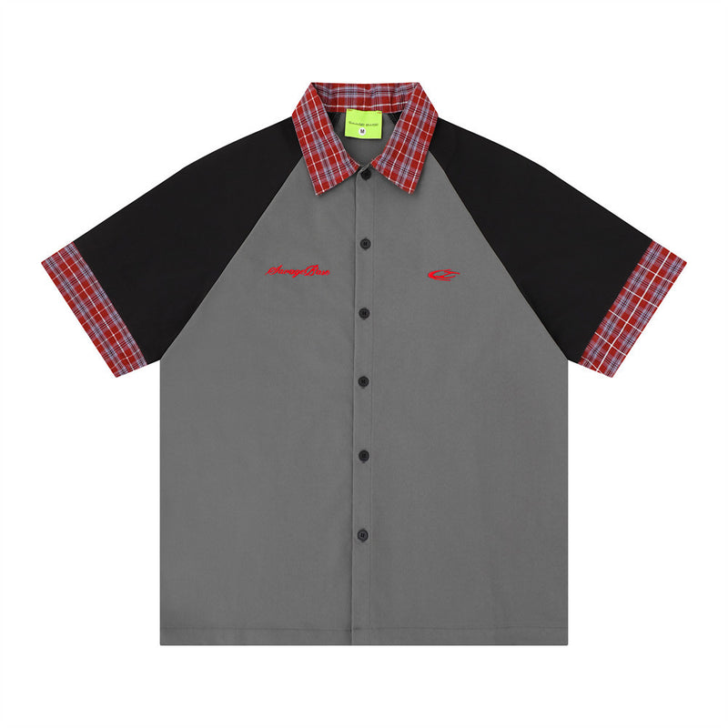 Men's colorblock raglan short sleeve shirt with red plaid collar and cuffs in grey and black
