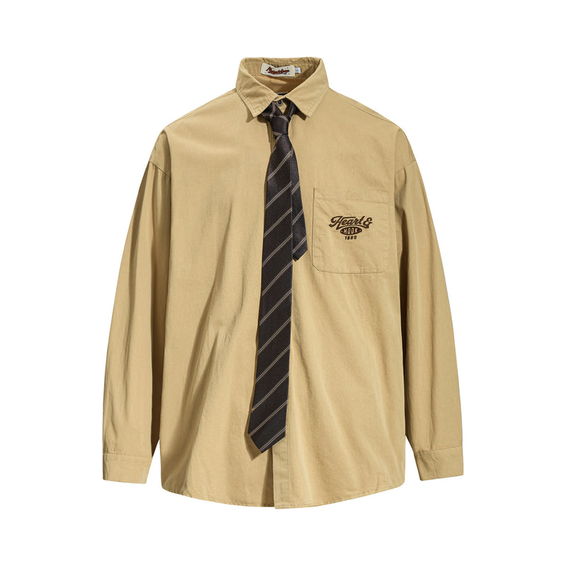 Tan Long Sleeve Shirt with Detachable Tie – Heart & Hook Embroidered Campus