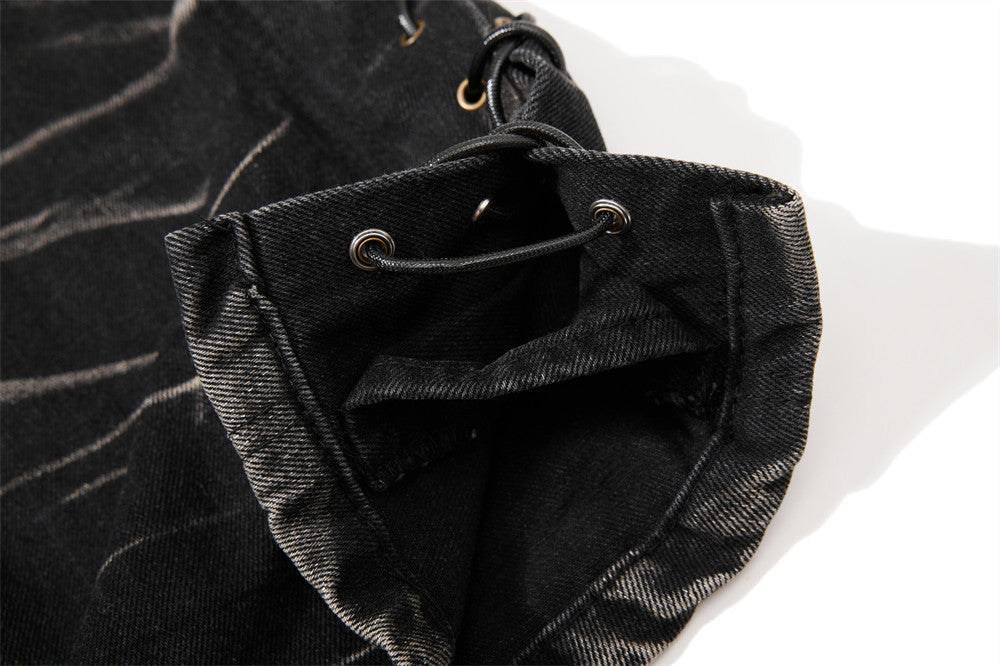 Men's Bell Bottom Jeans – Black Acid Wash Flare Leg with Lace-Up Hem & Button
