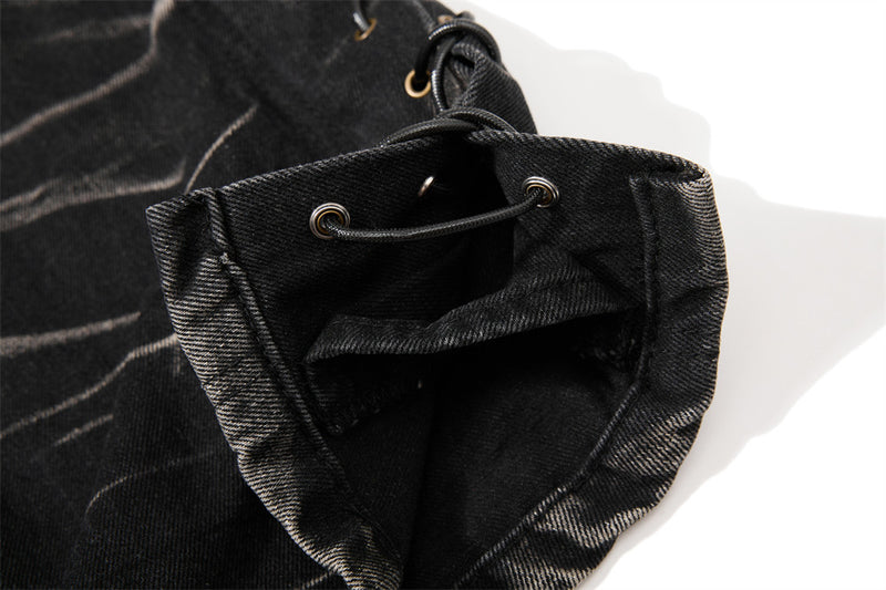 Men's Bell Bottom Jeans – Black Acid Wash Flare Leg with Lace-Up Hem & Button