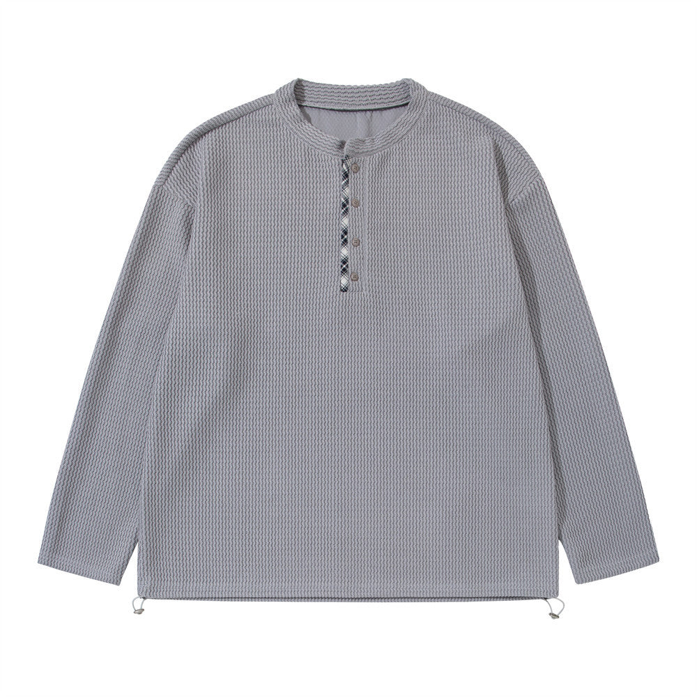 Men's Long Sleeve Waffle-Knit Henley Shirt with Drawstring Hem
