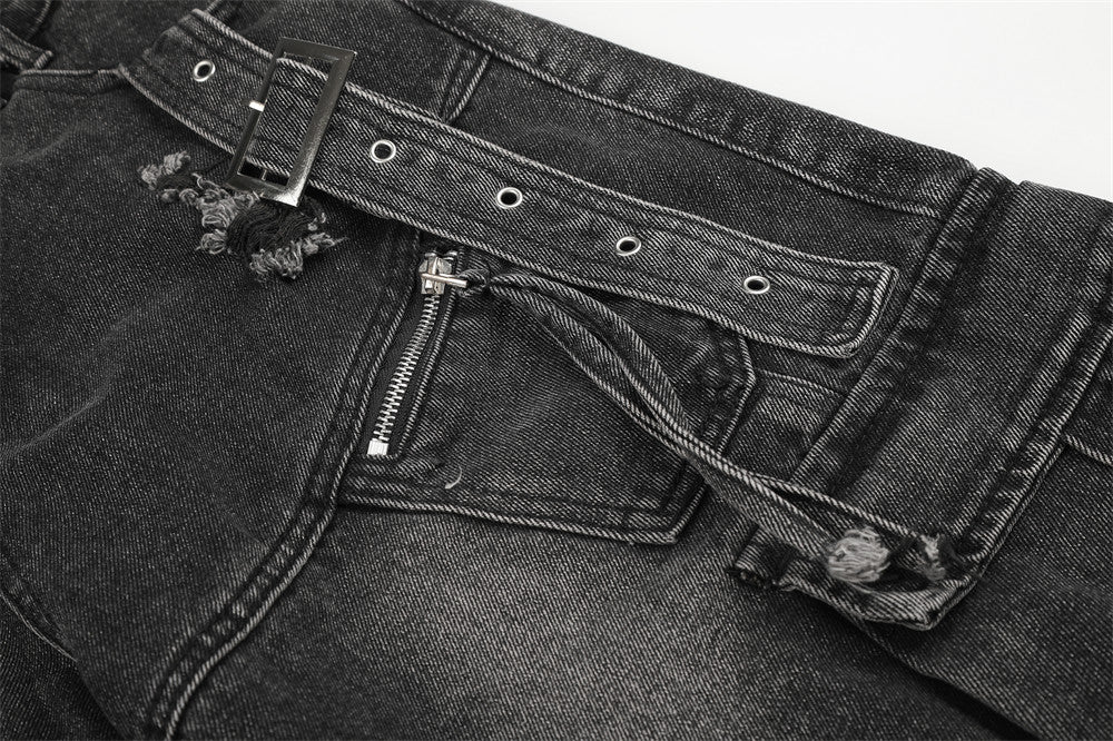 Deconstructed Cargo Denim Shorts – Multi-Pocket Punk Distressed Wide Leg