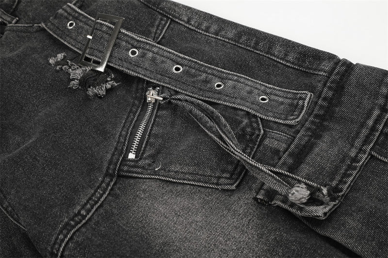 Deconstructed Cargo Denim Shorts – Multi-Pocket Punk Distressed Wide Leg