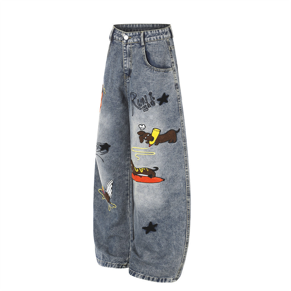 Cartoon Dachshund Embroidered Wide-Leg Jeans – Men's Vintage Washed Curved Hem