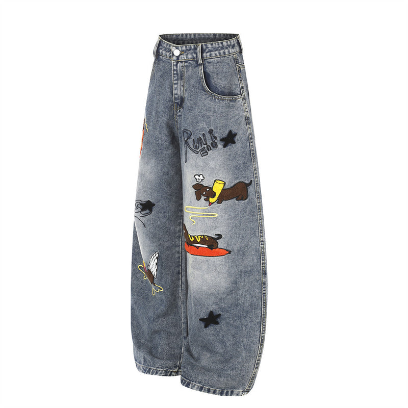 Cartoon Dachshund Embroidered Wide-Leg Jeans – Men's Vintage Washed Curved Hem