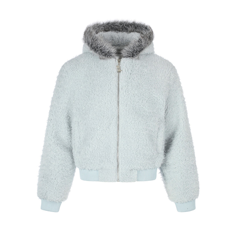 Veste bomber sherpa à capuche moelleuse avec bordure en fausse fourrure