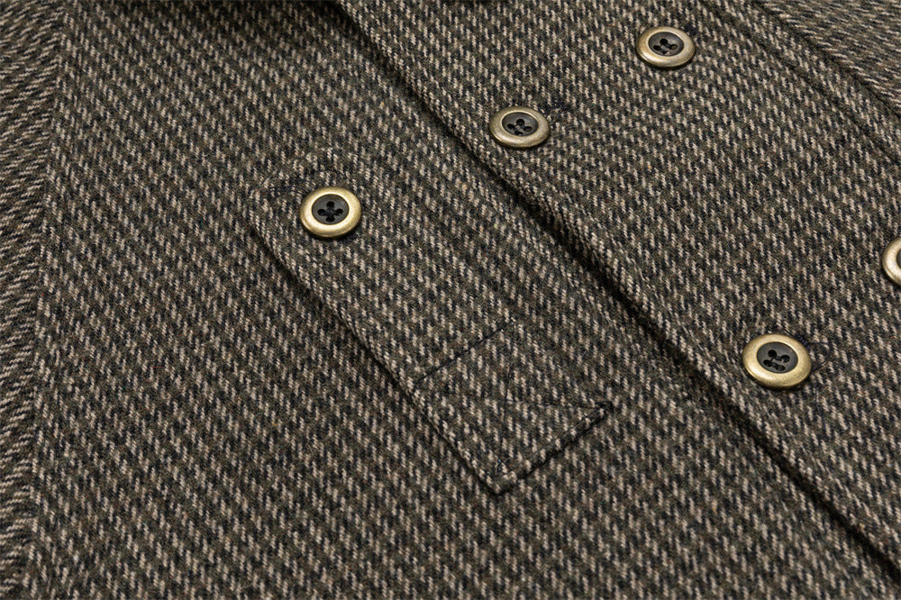 Men's Houndstooth Tweed Jacket – Stand Collar, Multi-Pocket Workwear Coat