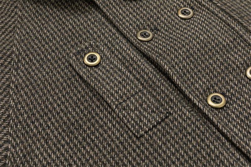Men's Houndstooth Tweed Jacket – Stand Collar, Multi-Pocket Workwear Coat