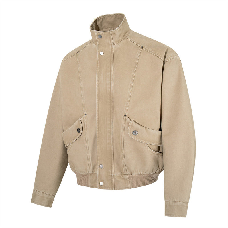 Blouson bomber vintage délavé – Veste homme oversize kaki avec grandes poches cargo