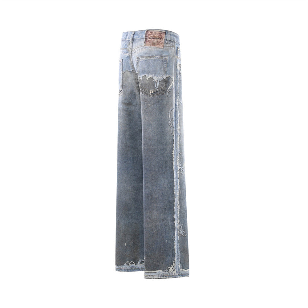 Wide-Leg Distressed Jeans – Post-Apocalyptic Raw-Edge Washed Denim
