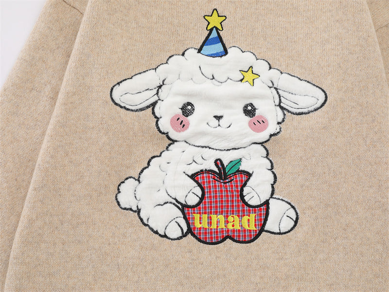 Cartoon Sheep Embroidered Crew Neck Pullover Sweater – Oversized Knit with