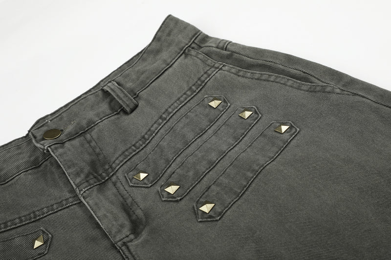 Wide-Leg Studded Denim Pants – Relaxed Fit Vintage American Street Style