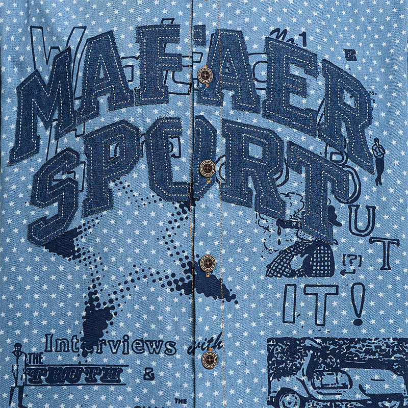 Short Sleeve Button-Up Shirt – All-Over Star Print with Varsity Graphic & Denim
