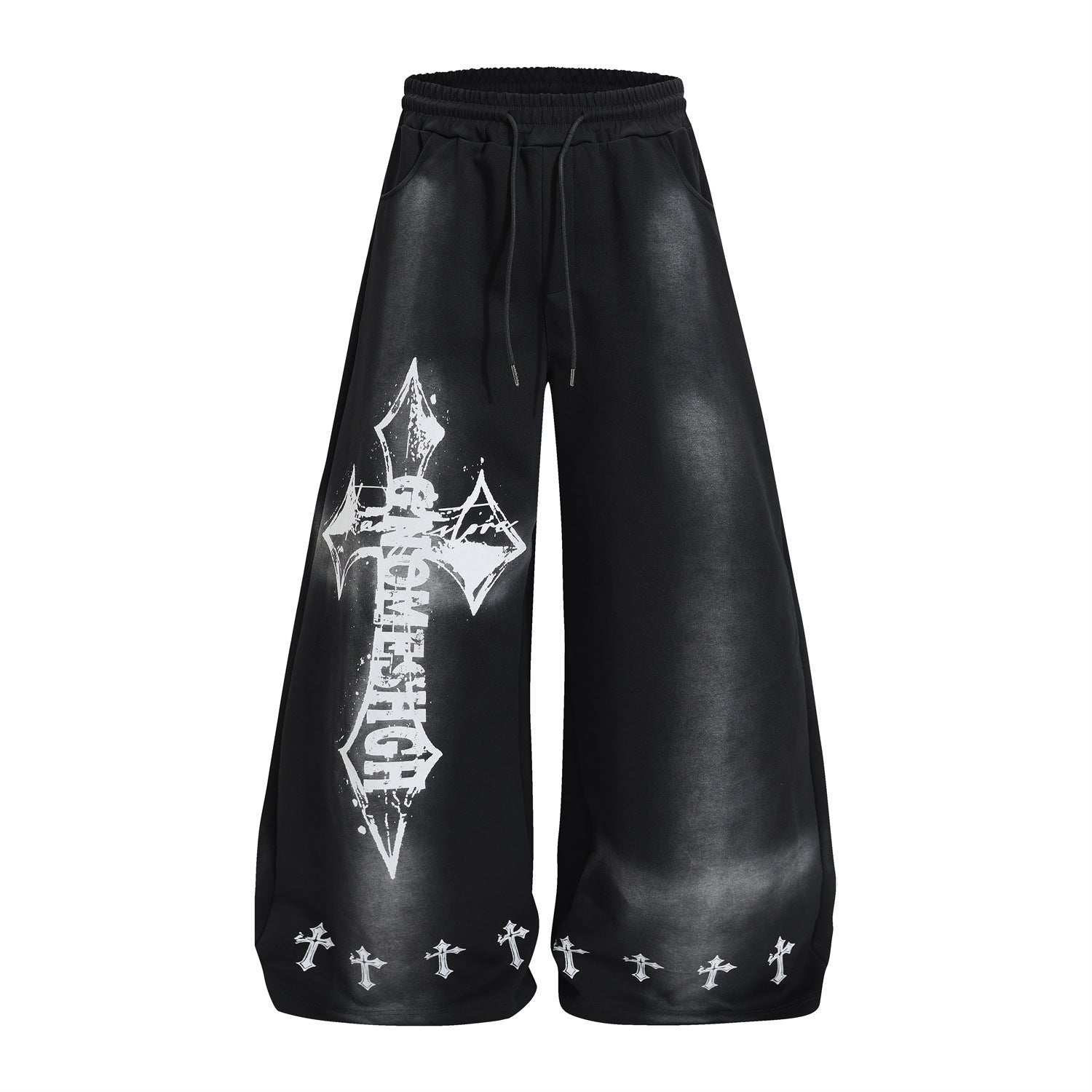 Pantalon de survêtement oversize à jambes larges, avec imprimé croix gothique et finition délavée effet spray, en noir et blanc