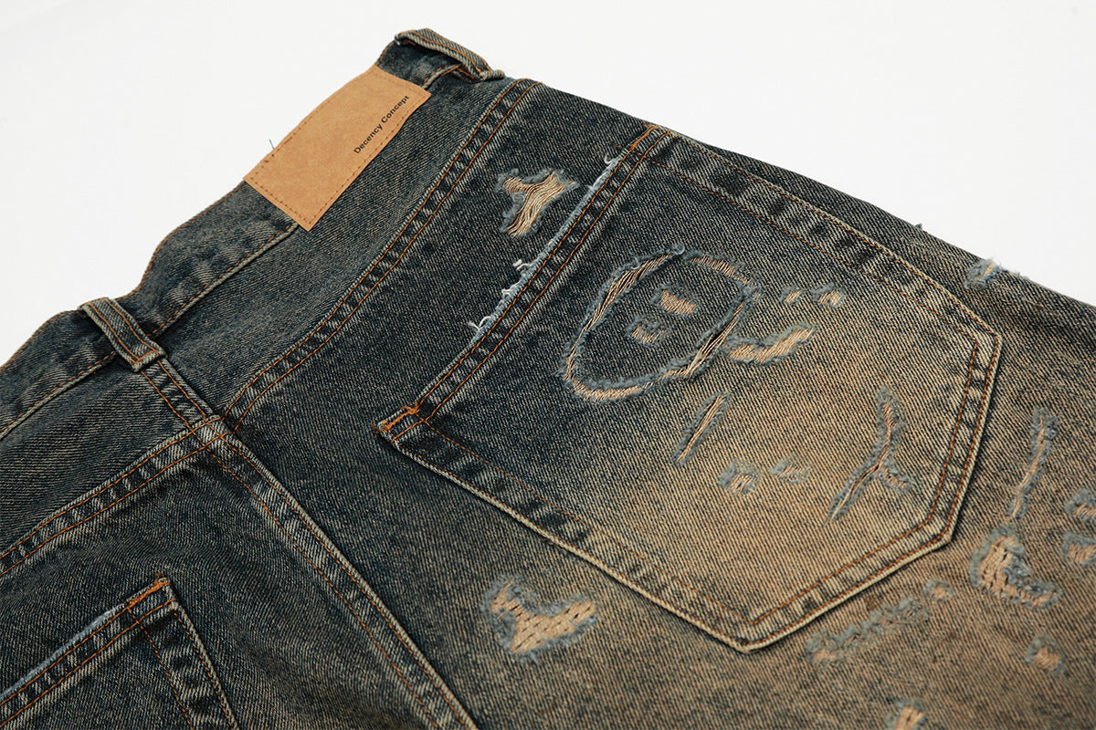 Distressed Straight-Leg-Jeans – Vintage-Washed-Ripped-Denim mit Dirty-Dye