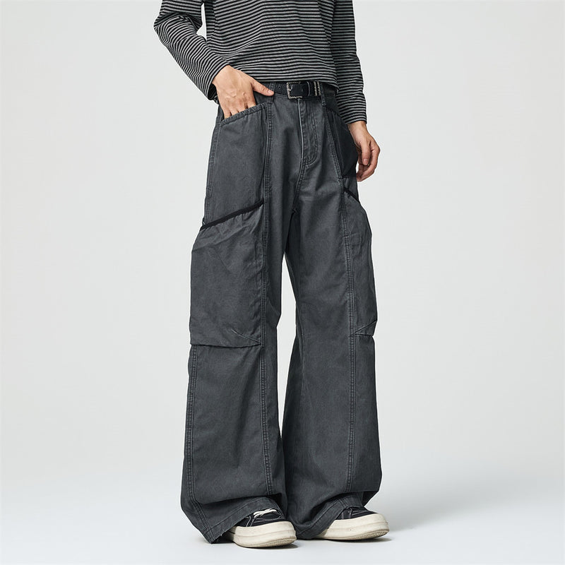 Wide-Leg Cargo Pants – Washed Vintage American Workwear with Oversized Pockets