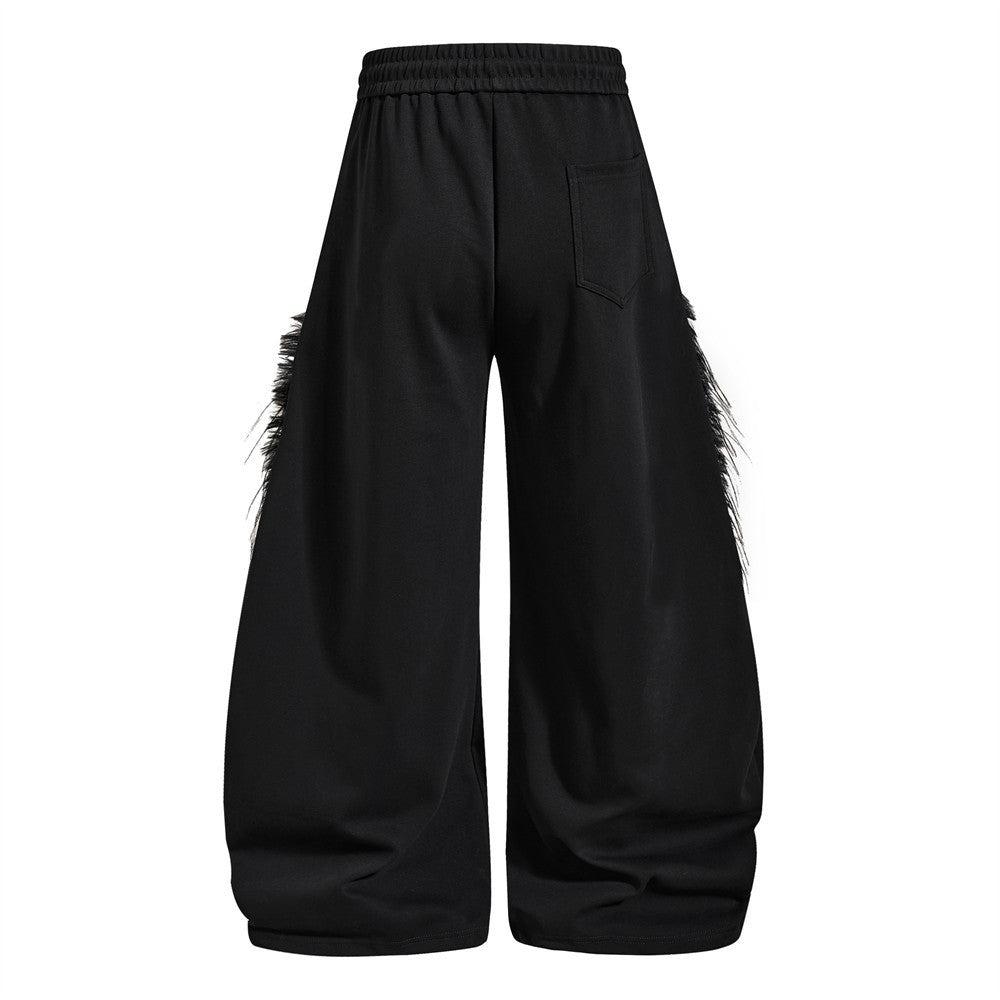 Black Baggy Wide-Leg Pants – Feather Trim & Rhinestone Script Detail