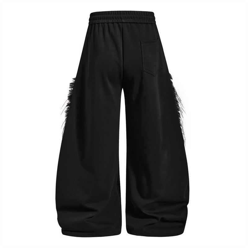 Black Baggy Wide-Leg Pants – Feather Trim & Rhinestone Script Detail