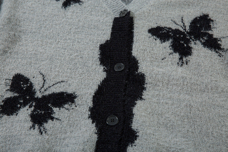 Gilet cardigan en maille jacquard papillon – Col V oversize, maille couple