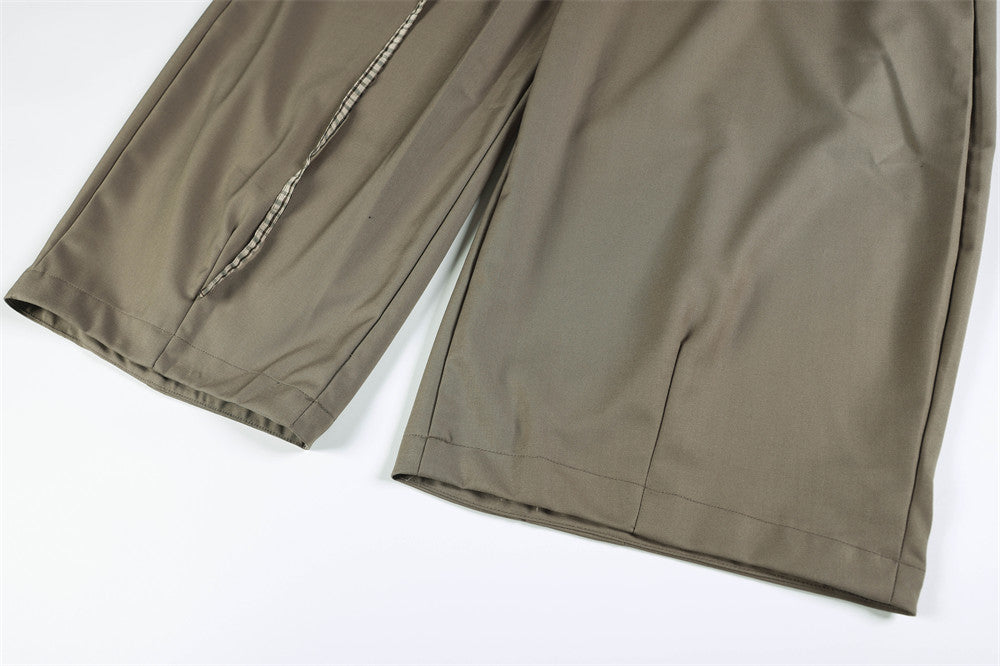 Wide-Leg Trousers with Gingham Fold-Over Waistband – Relaxed Drape Dress Pants