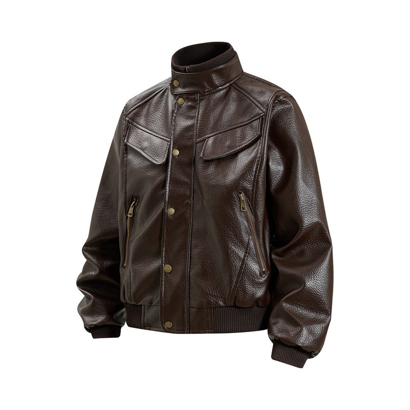 Men's Vintage Leather Bomber Jacket – Stand Collar PU Leather with Snap Buttons