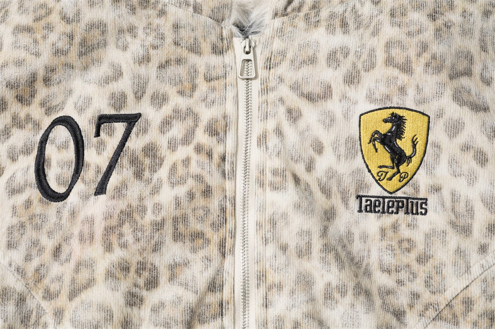 Leopard Print Hooded Bomber Jacket with Faux Fur Trim
