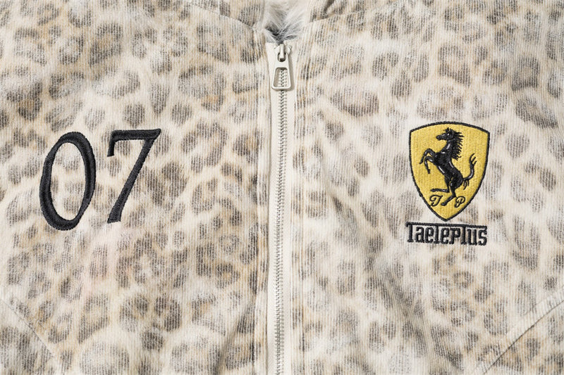 Leopard Print Hooded Bomber Jacket with Faux Fur Trim