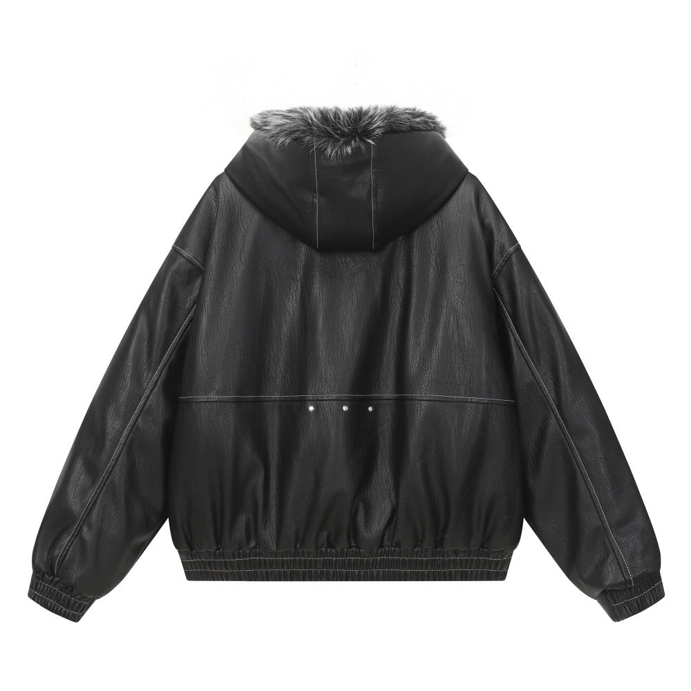 Men's Studded Deconstructed PU Leather Hooded Jacket with Faux Fur Collar