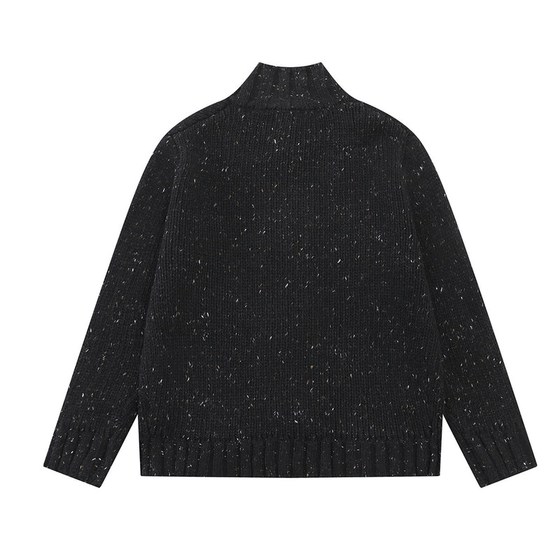 Chunky Knit Cardigan Sweater with Leather Buckle Closure, Mock Neck