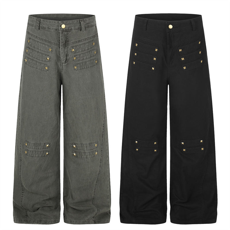 Wide-Leg Cargo Pants with Gold Pyramid Studs – Punk Workwear Straight-Cut