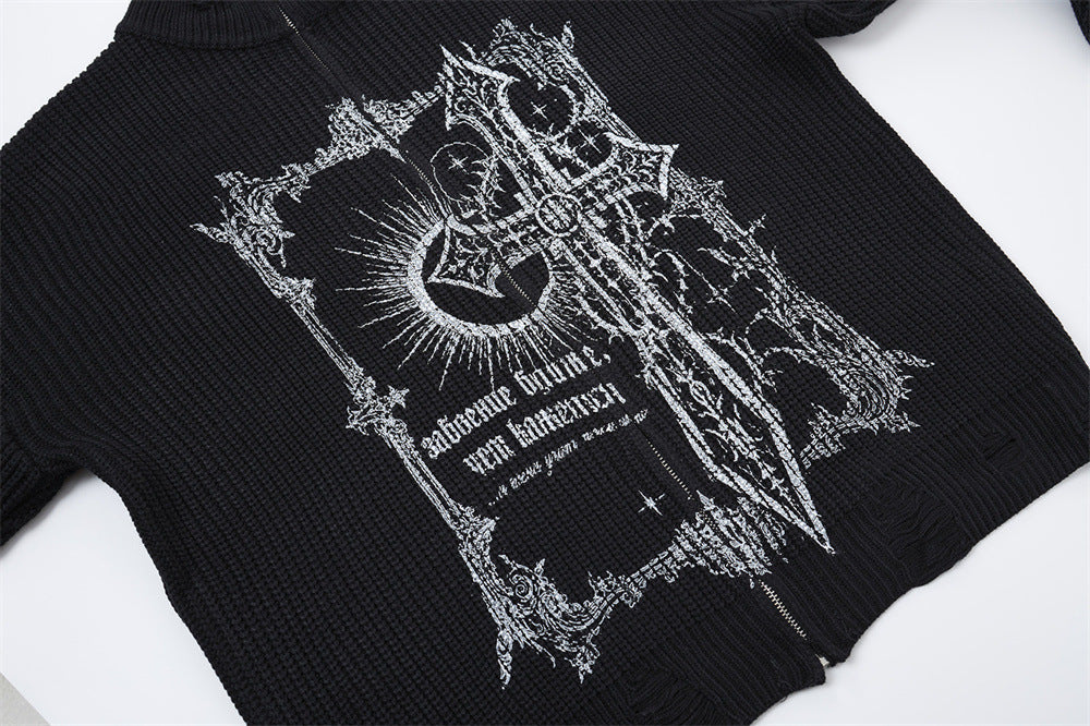 Gothic Cross Print Zip-Up Knit Cardigan Sweater – Distressed Mock Neck Men's