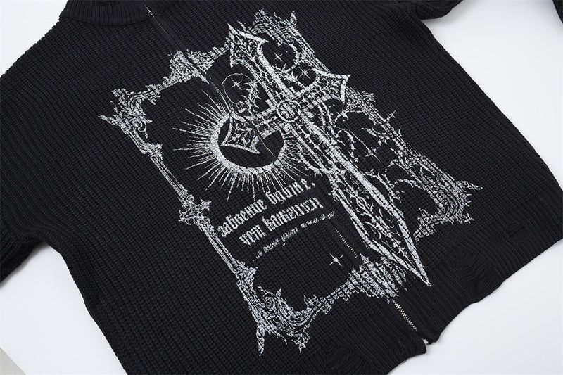 Gothic Cross Print Zip-Up Knit Cardigan Sweater – Distressed Mock Neck Men's