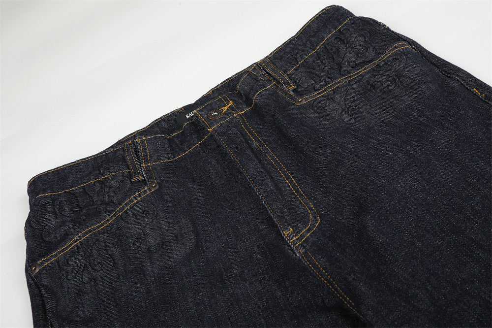 Wide-Leg Flare Jeans with Embossed Pocket Detail – Dark Indigo